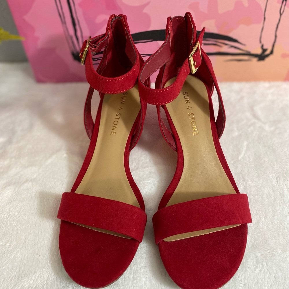 Sun + stone red sandals w/ ankle strap and mini heels